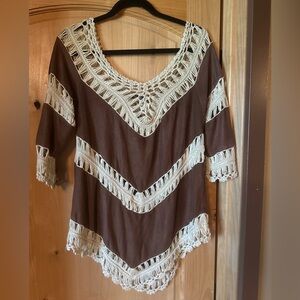 Brown and Cream Crochet Trim Women's Top